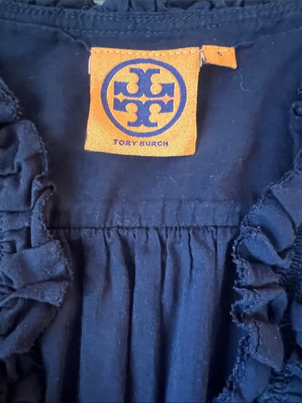 Preppy Boho Coastal Ruffle Sleeveless Cotton Navy Blue shirt by Tory Burch